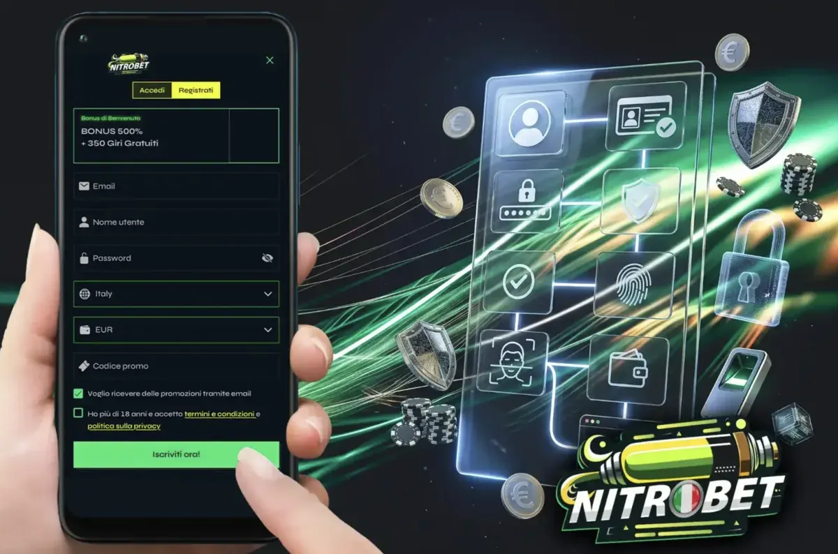 Registrazione da smartphone su Nitrobet: modulo con email, nome utente, password, Paese, valuta e codice promo (immagine illustrativa)