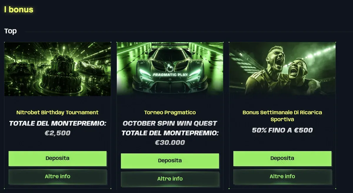 Sezione bonus di Nitrobet: Birthday Tournament da €2.500, torneo October Spin Win Quest da €30.000 e bonus settimanale sport 50% fino a €500