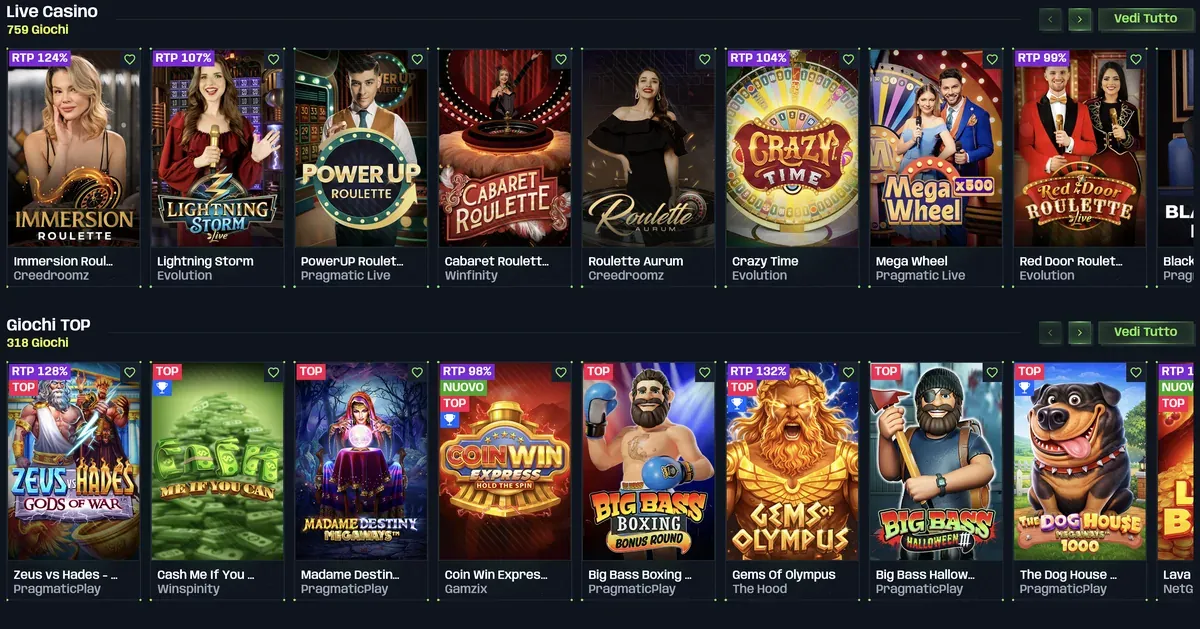 Live Casino (759 giochi) e Giochi TOP (318 giochi) su Nitrobet: Immersion Roulette, Lightning Storm, Crazy Time, Zeus vs Hades, Gems of Olympus, The Dog House Megaways