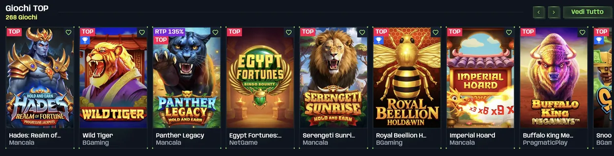 Giochi TOP su Nitrobet: Hades Realm of Fortune, Wild Tiger, Panther Legacy, Egypt Fortunes, Serengeti Sunrise, Royal Beellion, Imperial Hoard, Buffalo King Megaways