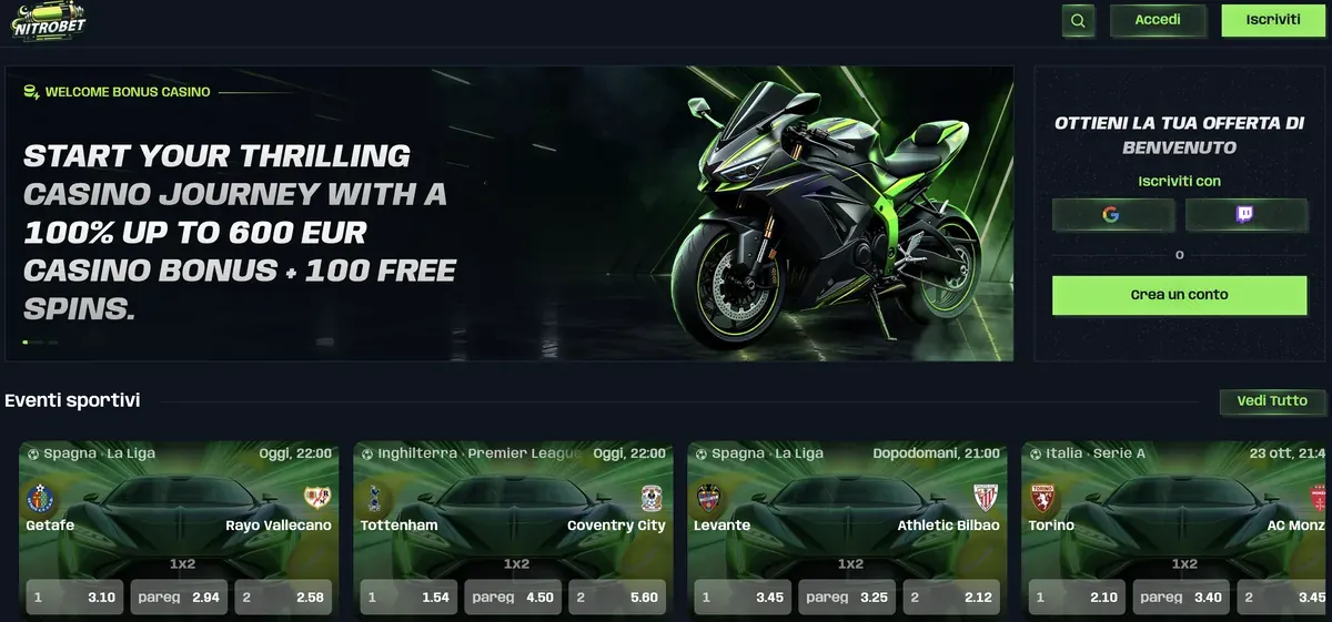 Home page di Nitrobet con bonus di benvenuto, eventi sportivi, slot e live casino