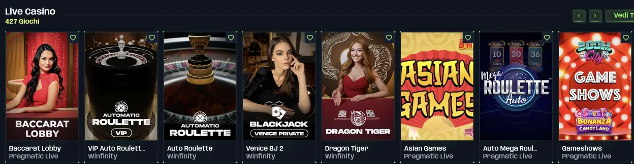 Live Casino su Nitrobet: Baccarat Lobby, VIP Auto Roulette, Auto Roulette, Venice BJ 2, Dragon Tiger, Asian Games, Auto Mega Roulette, Gameshows