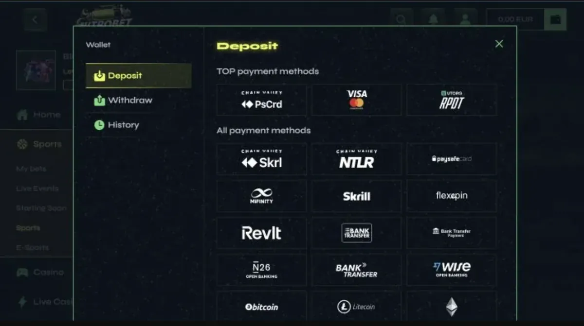Cassa di Nitrobet con i metodi di deposito: Visa, Skrill, Neteller, MiFinity, Flexepin, Revolut, bonifico e crypto (Bitcoin, Litecoin, Ethereum)