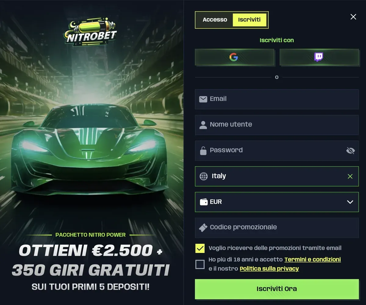 Modulo di registrazione Nitrobet con email, nome utente, password, Paese, valuta e codice promozionale