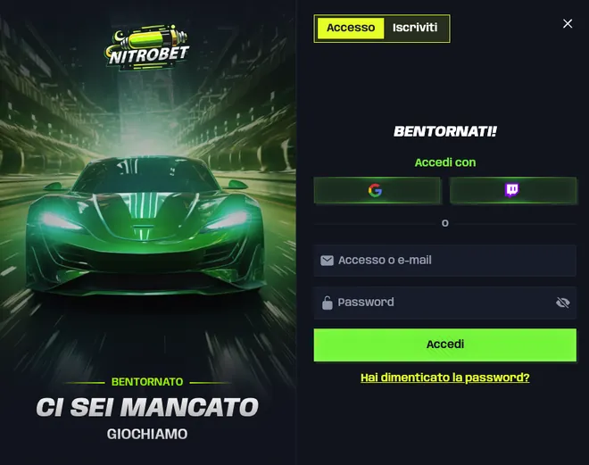 Finestra di login Nitrobet: accesso con e-mail, Google o Twitch