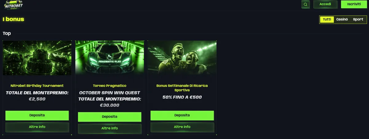Bonus in evidenza nella sezione promozioni di Nitrobet