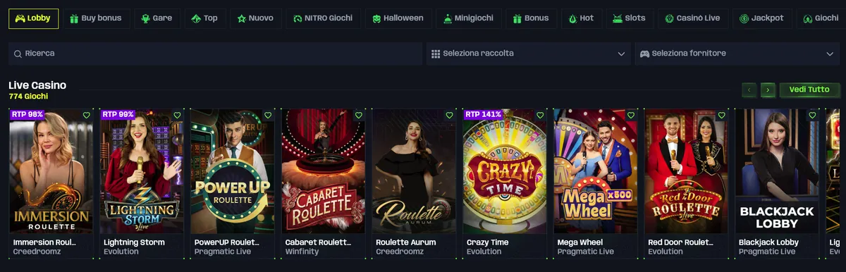 Lobby giochi Nitrobet con categorie e filtro fornitore