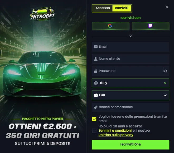 Modulo di registrazione Nitrobet con accesso Google e Twitch